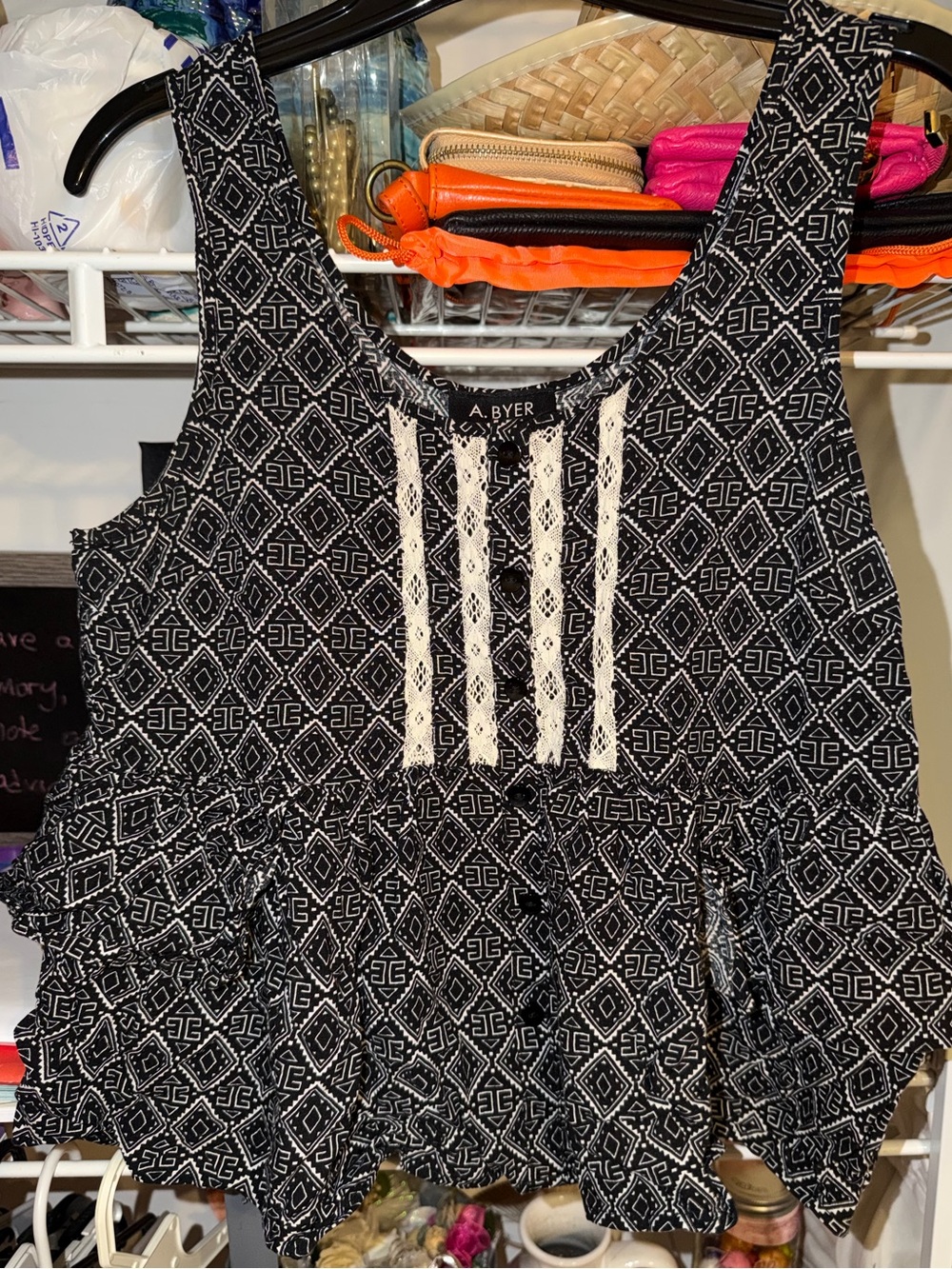 A. Byer Black & White Geometric Lace-Trim Sleeveless Dress